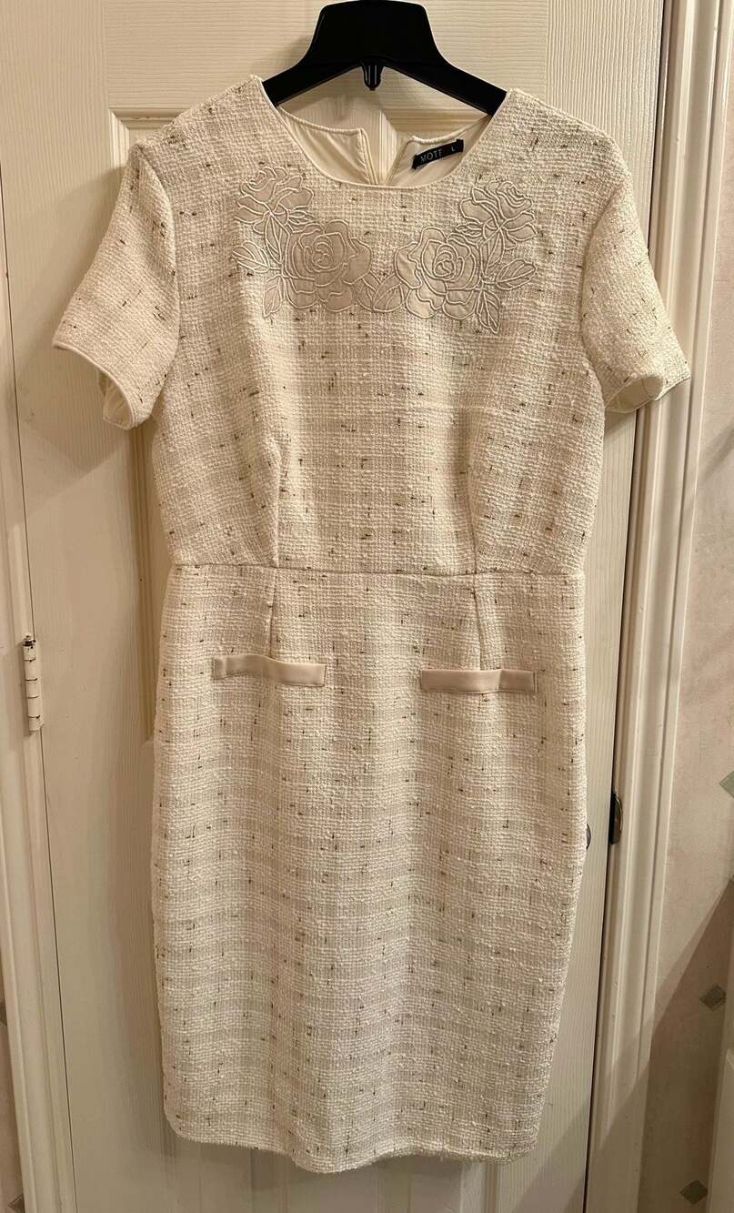 MOTF Cream Metallic Tweed Short Sleeve Sheath Dress with Floral Appliqué